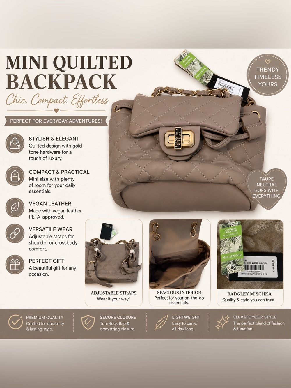 Mini Quilted Backpack - Taupe